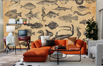 Vintage Ocean Fish Illustration Mural Wallpaper