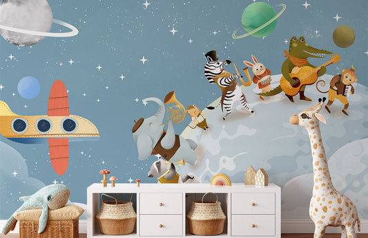 Wallpaper mural with roaming animals from the universe for the nursery.