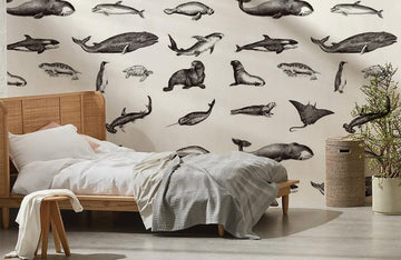 Marine Life Sketch Monochrome Mural Wallpaper