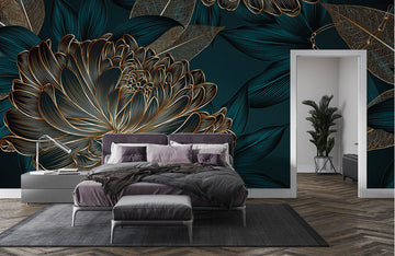 Metallic Gold Floral Dark Mural Wallpaper