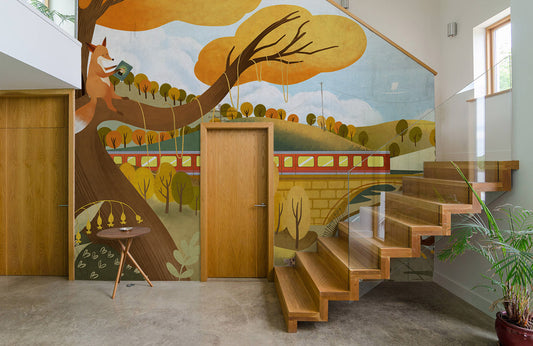 Home Decoration Featuring an Autumn Train Animal Wallpaper Mural