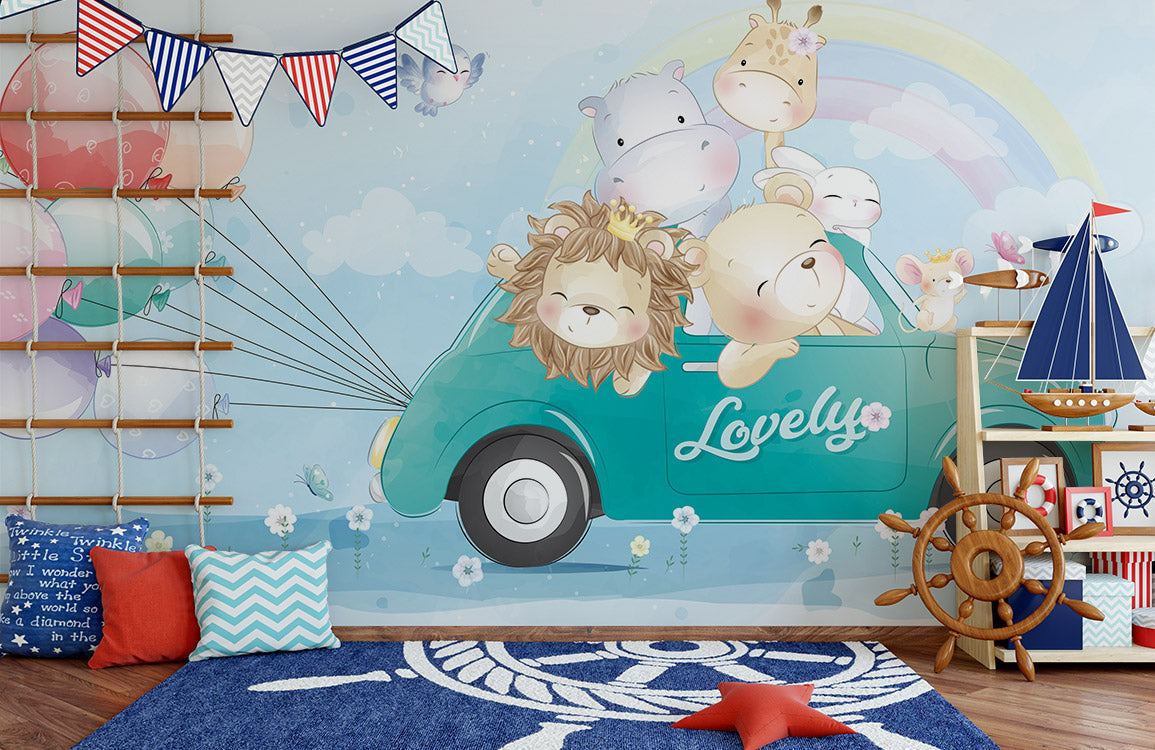 An Animals' Balloon Car Ride Wallpaper Mural for home decor