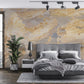 Mural room wallpapered in a brownish marble pattern