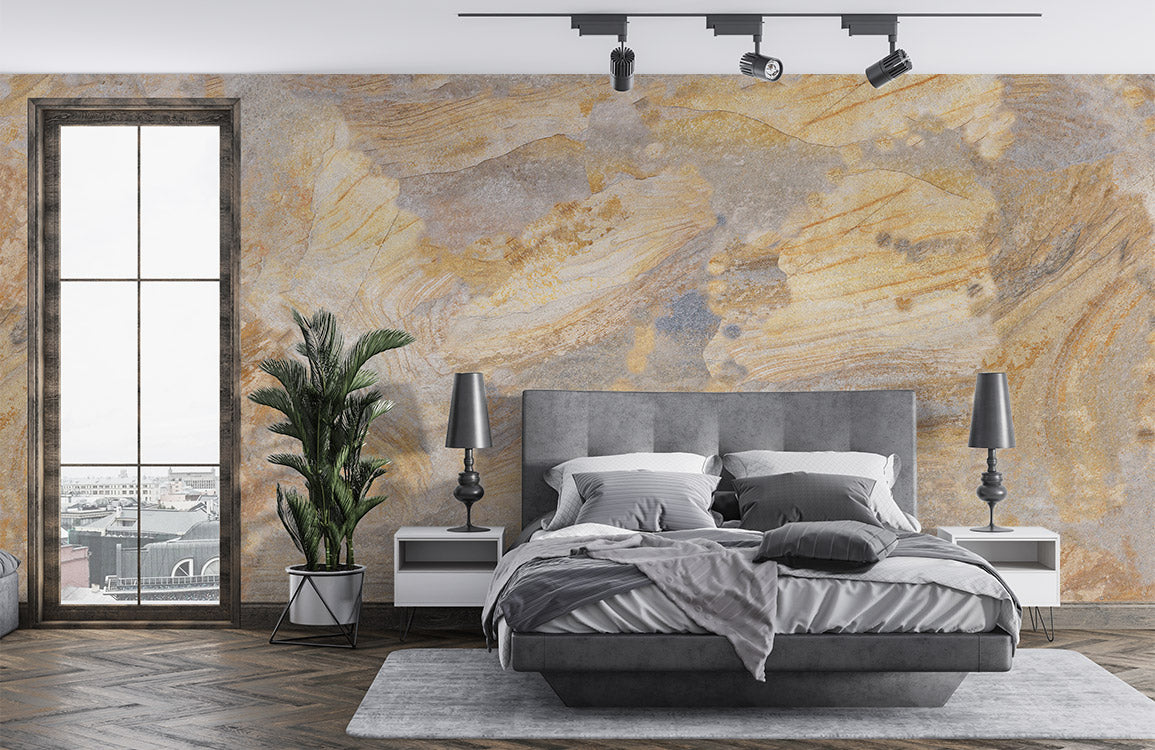 Mural room wallpapered in a brownish marble pattern