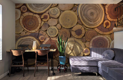 Rustic Wood Log Slice Mural Wallpaper in living room