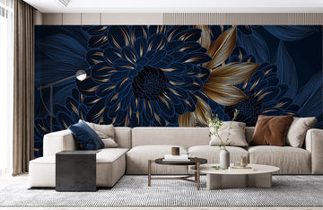 Luxury Gold Floral on Navy Mural Wallpaper
