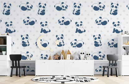 Blue Panda Nursery Playful Mural Wallpaper in children's room
