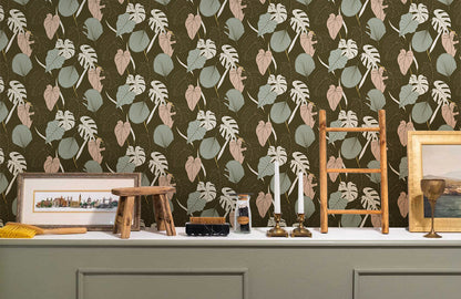 Tropical Botanical Leaf Pattern Wallpaper Mural in living room