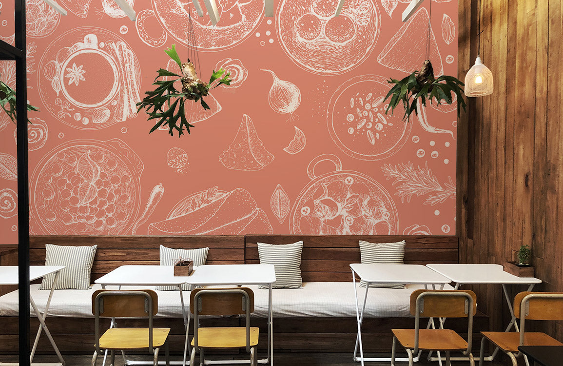 Rustic Kitchen Sketches Mural Wallpaper