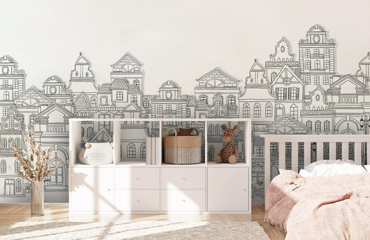 Wallpaper mural with a line drawing of buildings, perfect for decorating your home.
