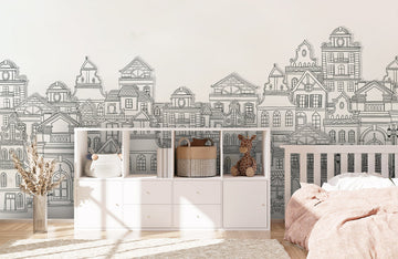 Monochrome Cityscape Line Art Mural Wallpaper