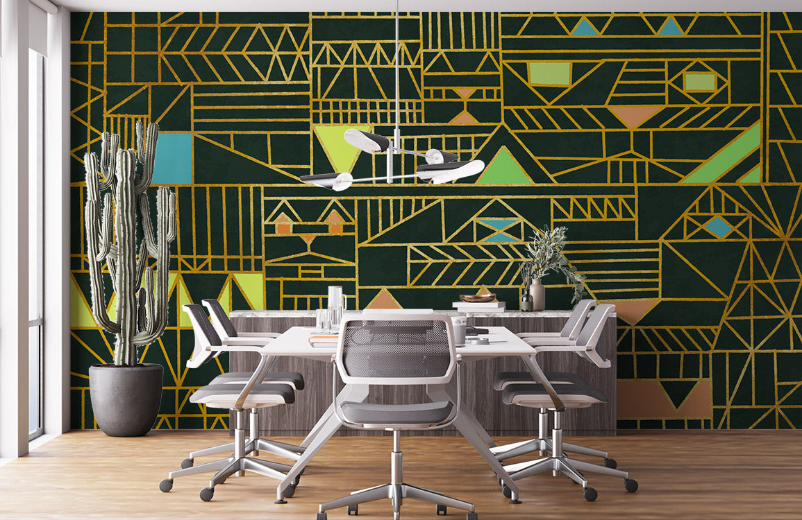 Wallpaper mural with a dark green geometric pattern for interior decorating purposes