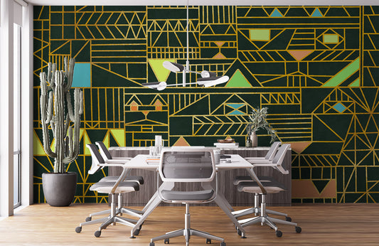 Wallpaper mural with a dark green geometric pattern for interior decorating purposes