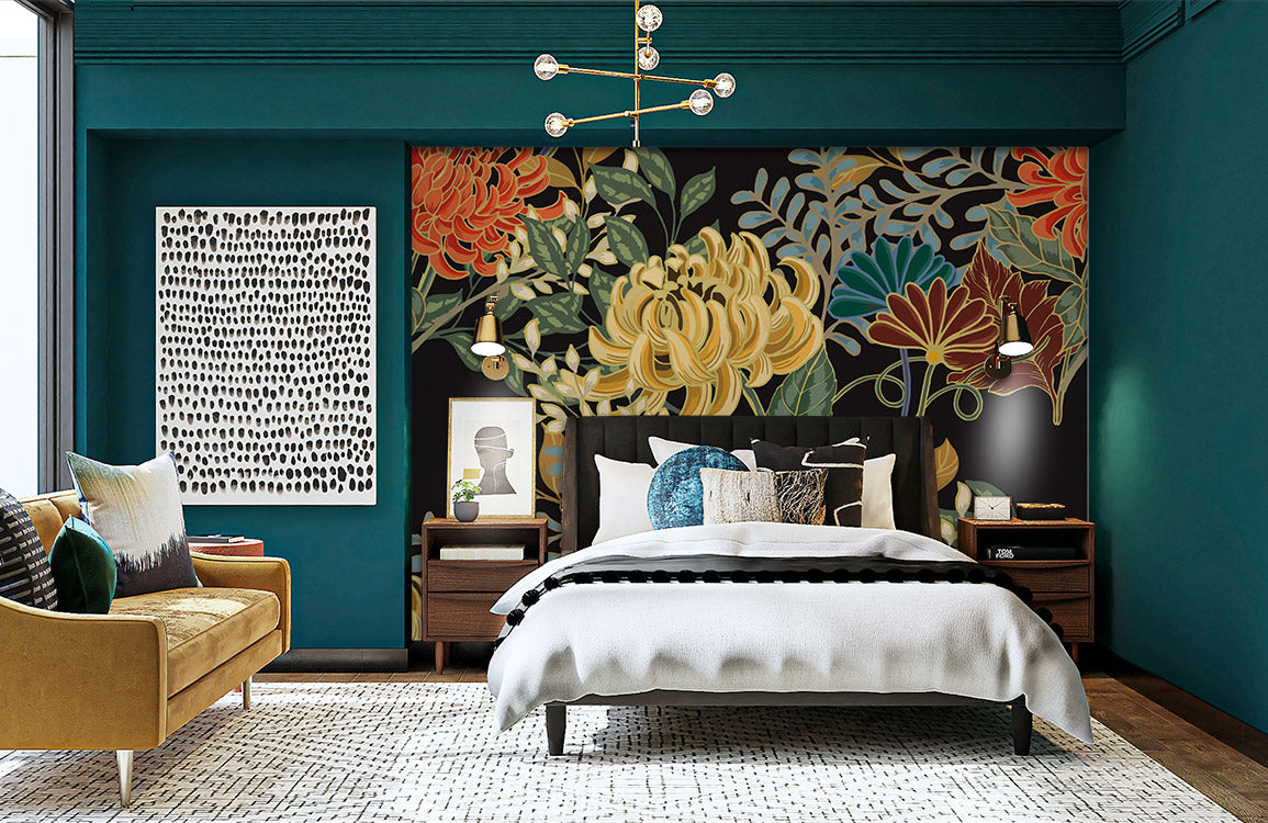 antique wallpaper with a huge flower mural in the room.