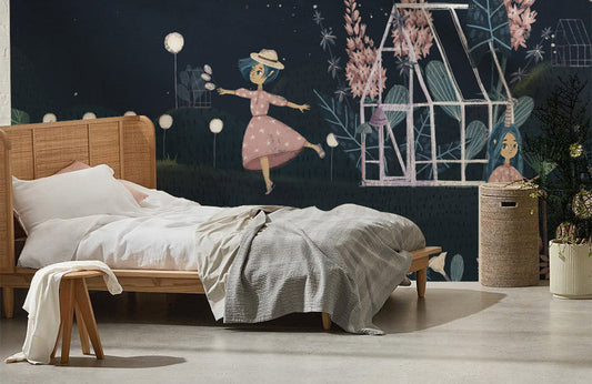Mural Wallpaper Featuring a Girl and Flowers in the Room