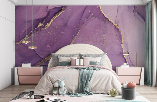 Wallpaper with a Golden Purple Marble Pattern