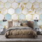 Wallpaper with a Marble Tile Effect and a Geometric Pattern Mural