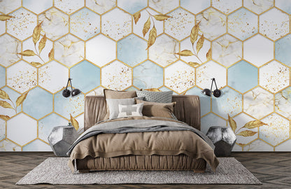 Wallpaper with a Marble Tile Effect and a Geometric Pattern Mural