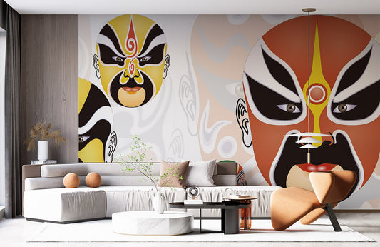 Wallpaper Mural with a Chinese Facial Mask Pattern, Ideal for Home Decoration
