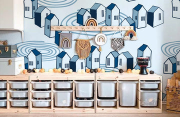 Blue Abstract Geometric Houses Mural Wallpaper