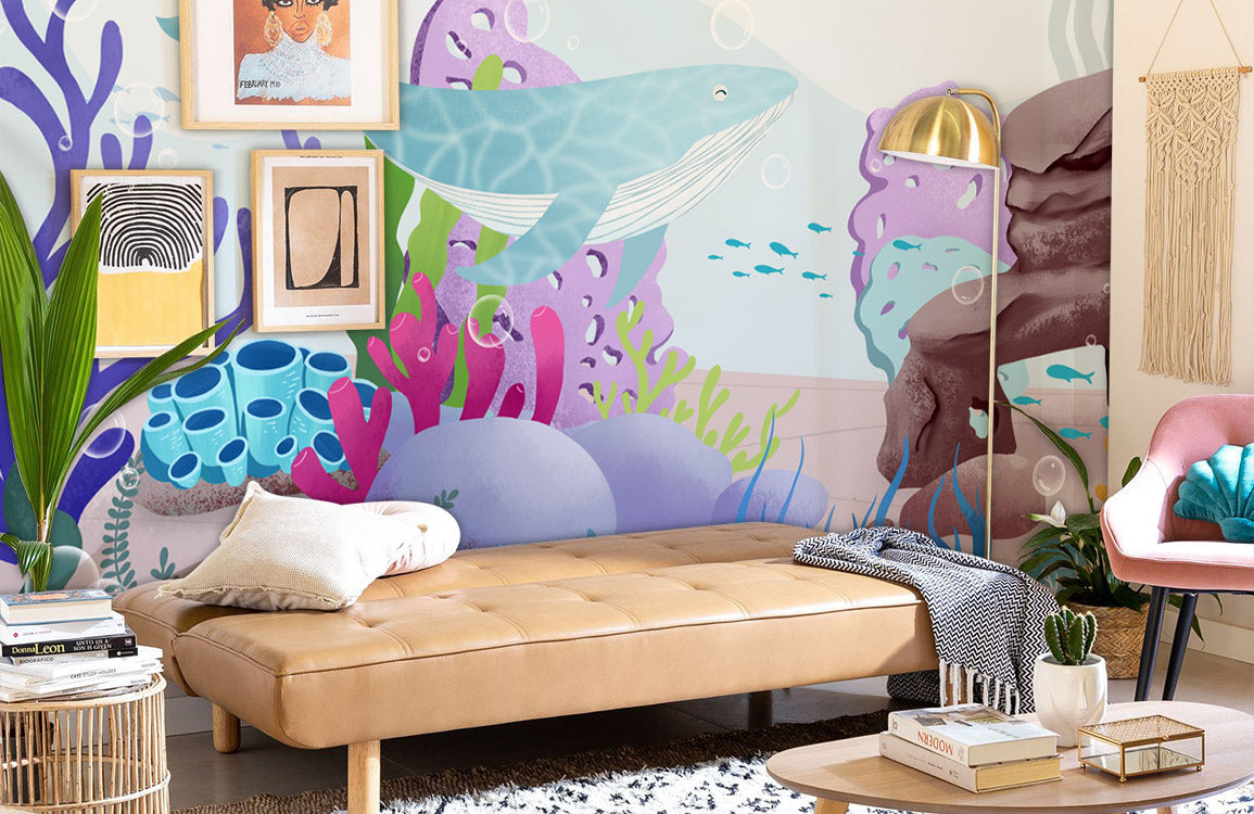 Wallpaper mural featuring seabed animals for use in decorating a nursery