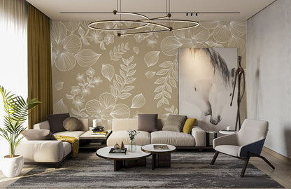 Elegant Beige Botanical Line Art Mural Wallpaper in living room