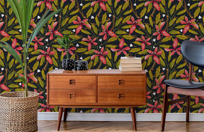 Tropical Floral Botanical Mural Wallpaper in living room