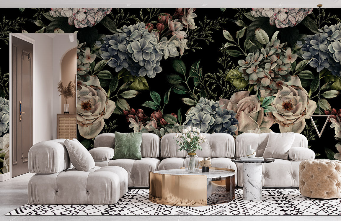 Wallpaper mural with a dark flower motif for use in home décor