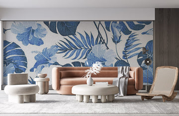 Tropical Blue Leaves Botanical Mural Wallpaper
