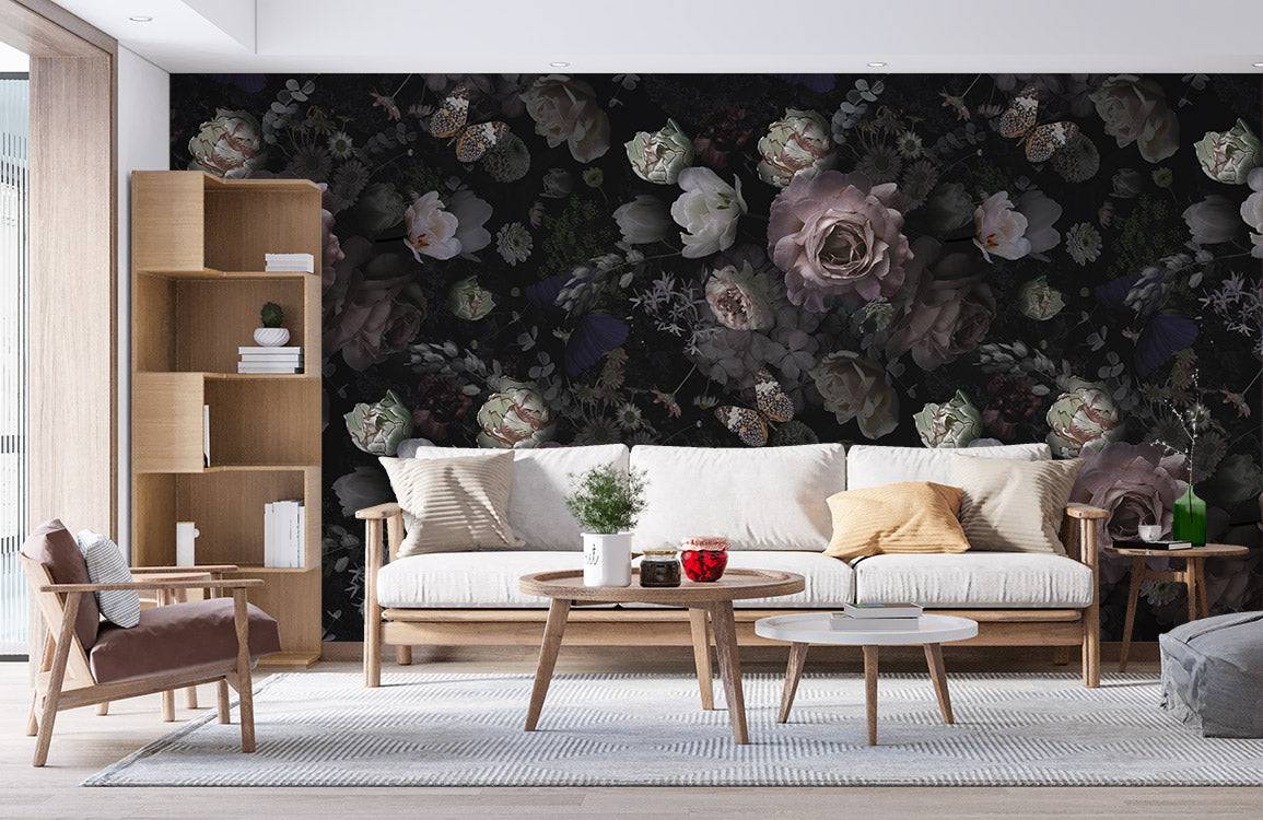 wallpaper mural for the home decorated with a vast black flower pattern