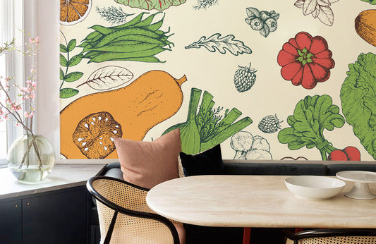Restaurant Wallpaper Mural with Fruits and Vegetables