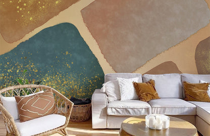 Abstract Gold Splash Geometric Mural Wallpaper in living room