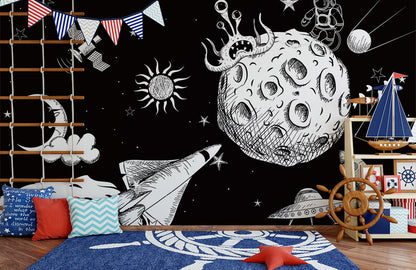 An Outer Space Wallpaper Mural for a Child's Bedroom