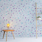Wallpaper with a blue marble pattern that is a mural in the room