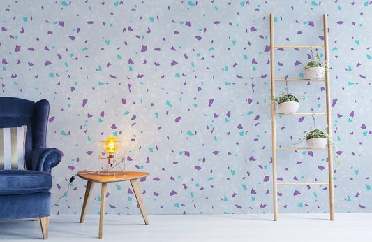 Wallpaper with a blue marble pattern that is a mural in the room