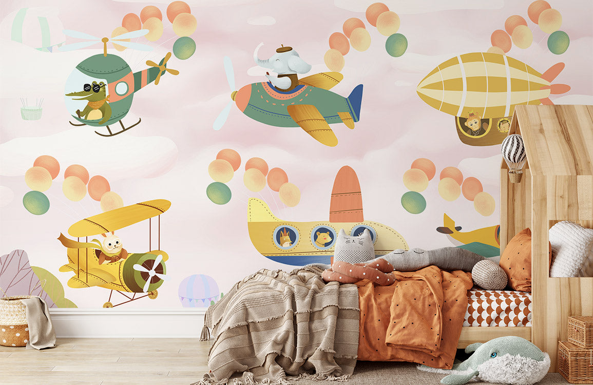 Animals Flying Airplanes Cartoon Wall Mural for Your Home Decoration