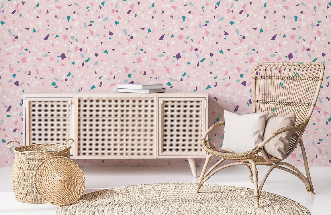 Mural wallpaper design featuring a colourful chip and marble pattern