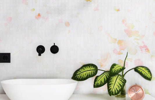 bathroom decorated with a lovely pink marble mural wallpaper