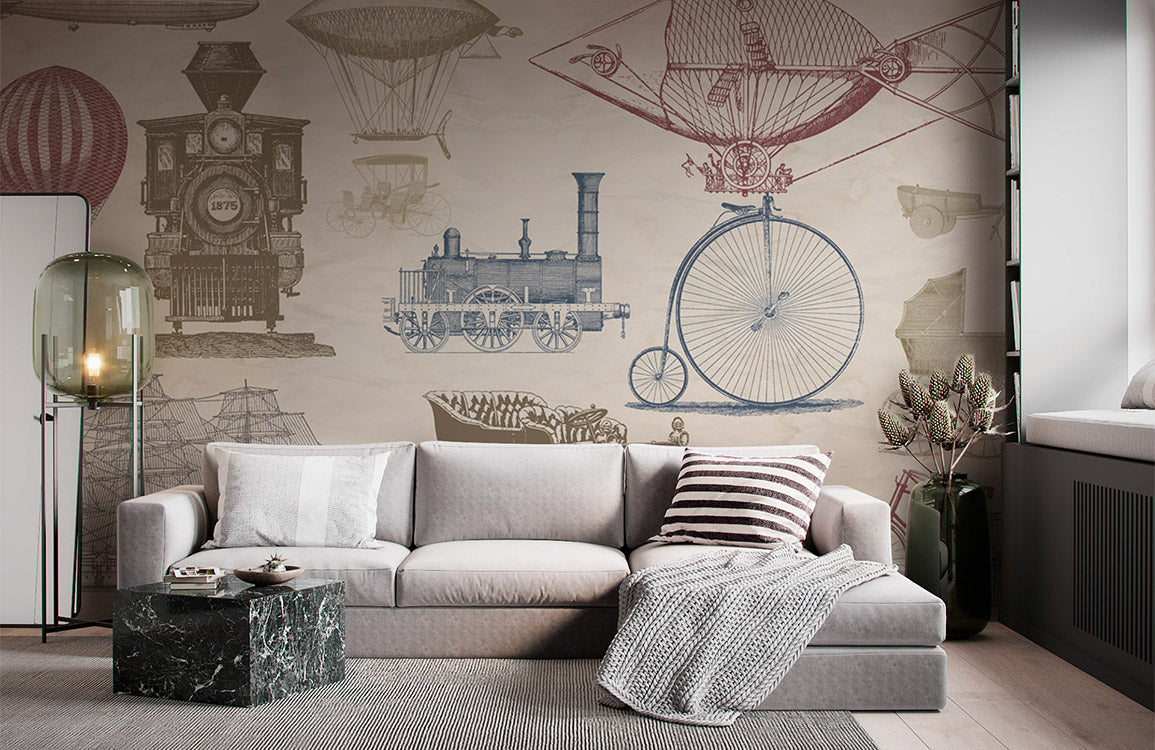 Wallpaper mural for home decoration featuring a vintage transportation pattern