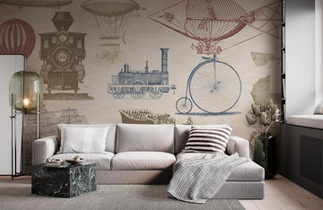 Vintage Transport Illustration Mural Wallpaper