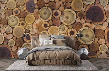 Rustic Wood Log Slice Wallpaper Mural in bedroom