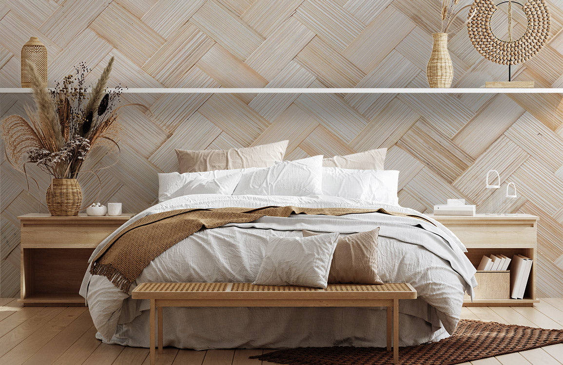 Natural Herringbone Wood Pattern Mural Wallpaper in bedroom