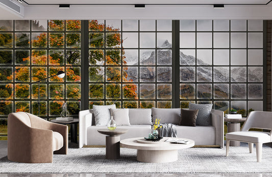 Wallpaper mural with window trees for use in interior design.