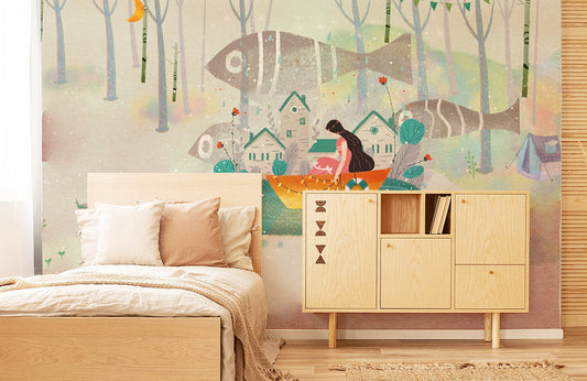 Whimsical Forest Fishing Adventure Mural Wallpaper