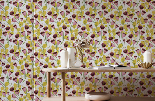 Vintage Floral Pink Geometric Mural Wallpaper in living room