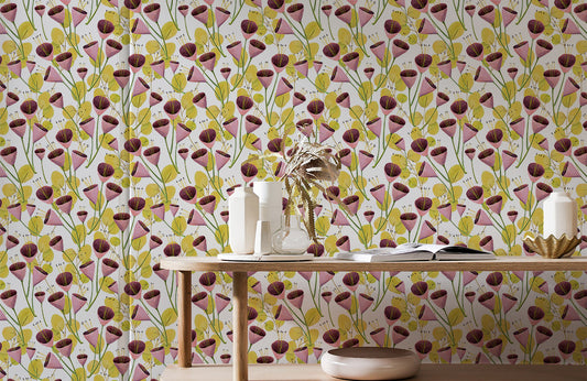 Vintage Floral Pink Geometric Mural Wallpaper