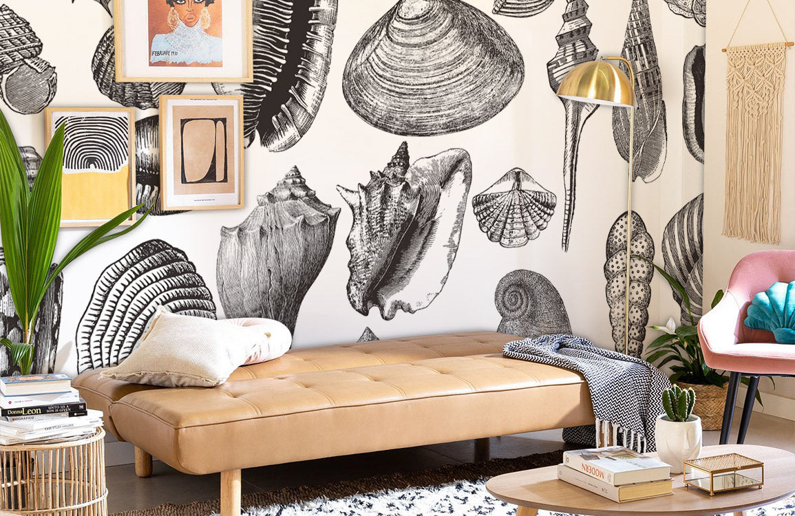 Wallpaper mural with seashells and the ocean for use in home decoration
