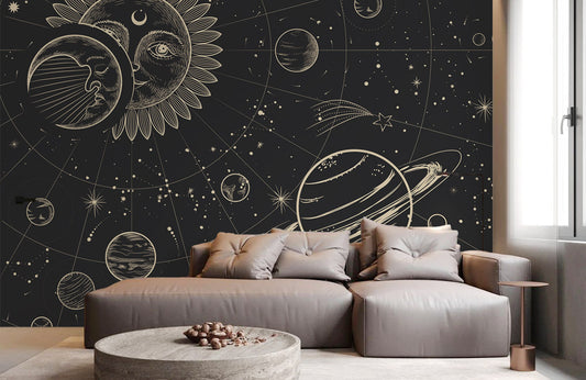 Mural room wallpaper featuring an abstract planet pattern