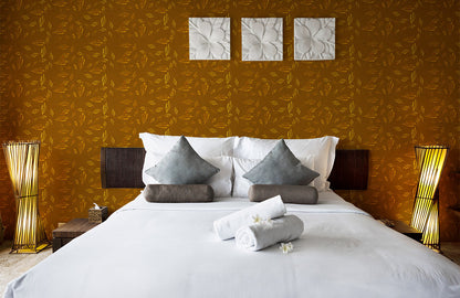 Elegant Gold Leaf Pattern Mural Wallpaper in bedroom