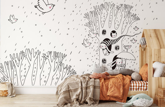 Tree House in Rain Wallpaper Mural